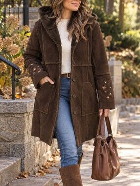 Vintage Cherokee Dark Brown Faux Suede Shearling Hooded Long Coat Embroidered